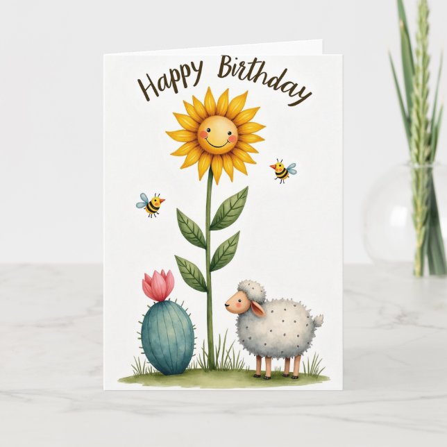 Tarjeta de cumpleaños de girasol caprichosa (Anverso)