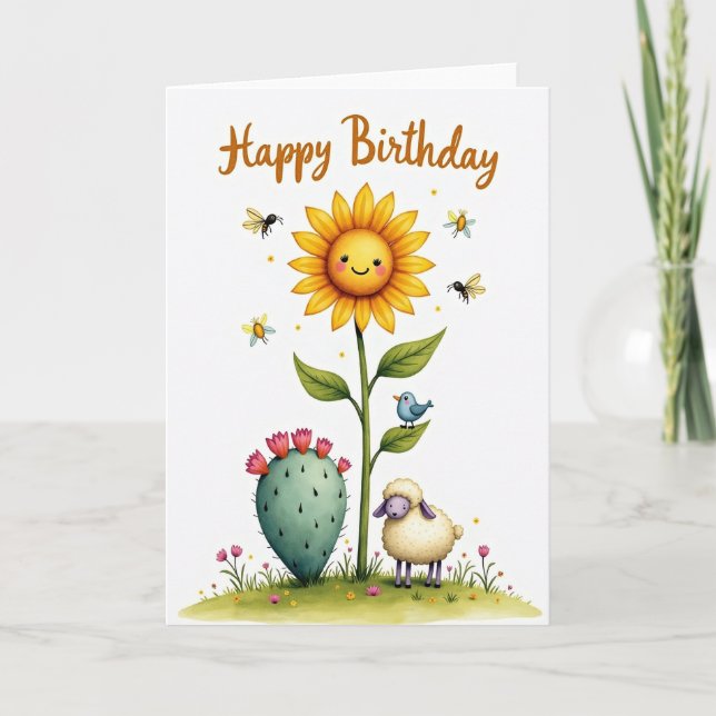 Tarjeta de cumpleaños de girasol sonriente (Anverso)