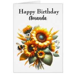 Tarjeta de cumpleaños de girasoles y abejas felice