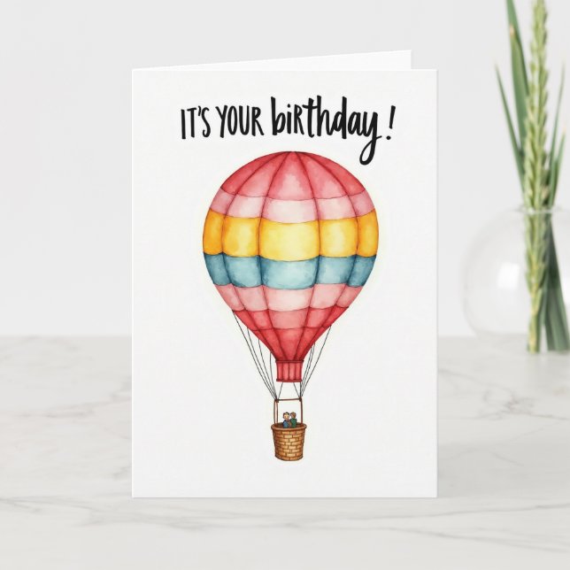 Tarjeta de cumpleaños de globo aerostático a rayas (Anverso)