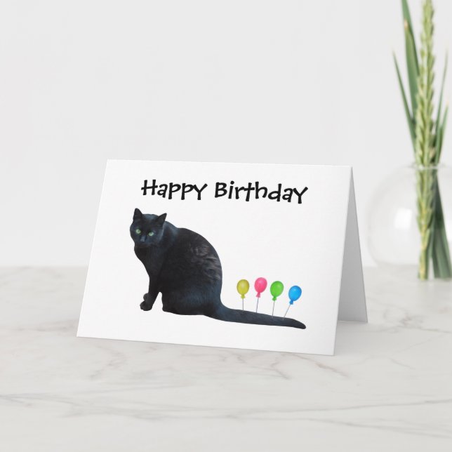Tarjeta de cumpleaños de globos de gato negro (Anverso)