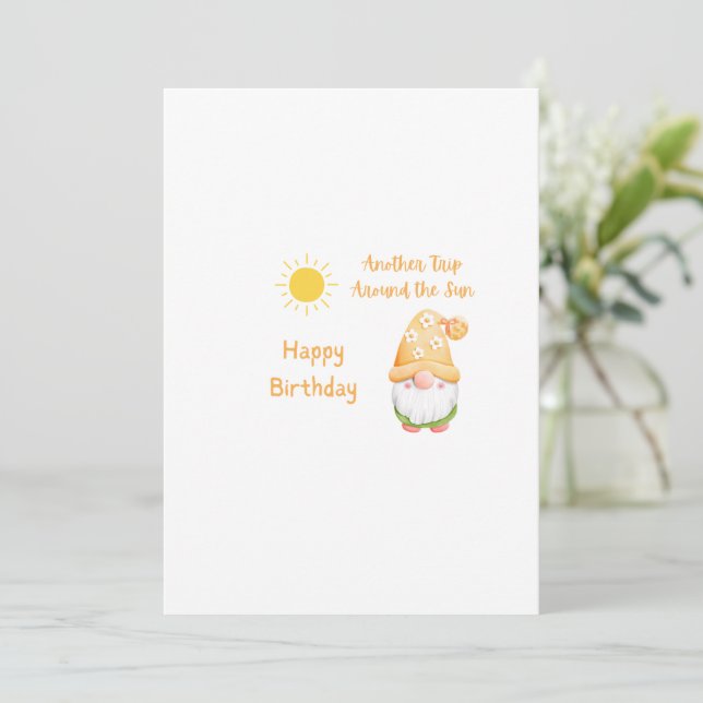 Tarjeta de cumpleaños de Gnome Otro viaje alrededo (Anverso de pie)