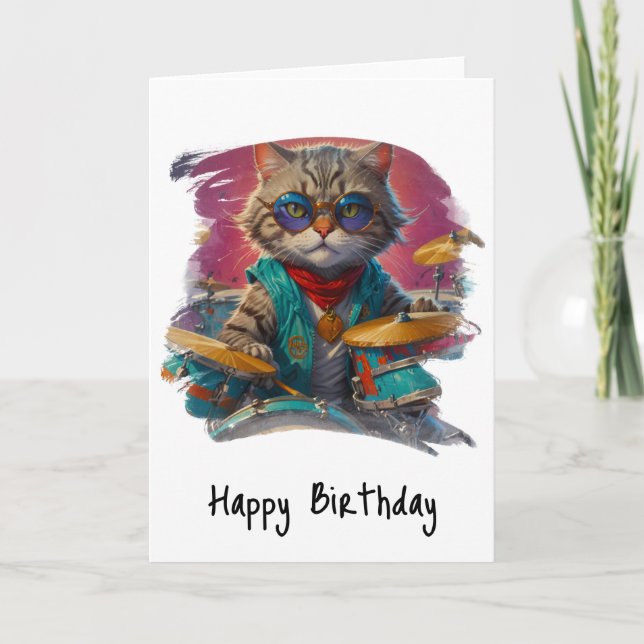 *~* Tarjeta de cumpleaños de Guay Cat DRUMMER AP91 (Anverso)