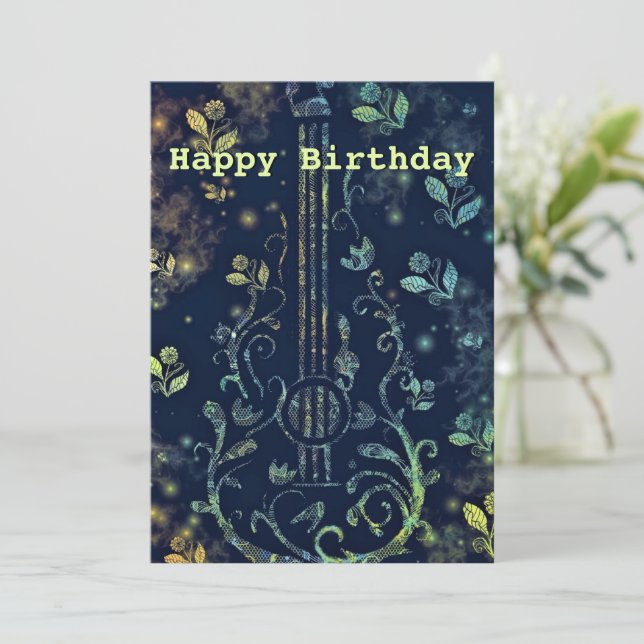 Tarjeta de cumpleaños de guitarra floral romántica (Anverso de pie)