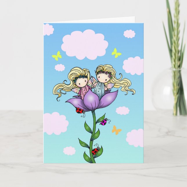 Tarjeta de cumpleaños de hadas gemelas lindas (Anverso)