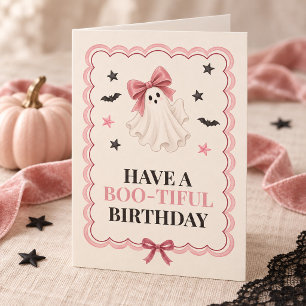 Tarjeta de cumpleaños de Halloween fantasma rosa p