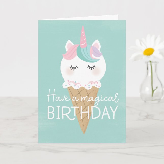 Tarjeta de cumpleaños de helado de unicornio (Planta pequeña)
