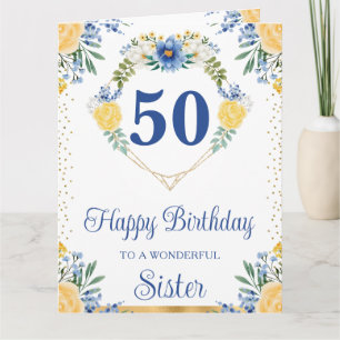 Tarjeta de cumpleaños de hermana con flores azules