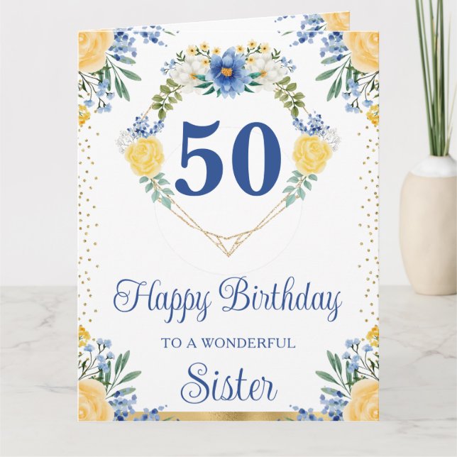 Tarjeta de cumpleaños de hermana con flores azules (Anverso)