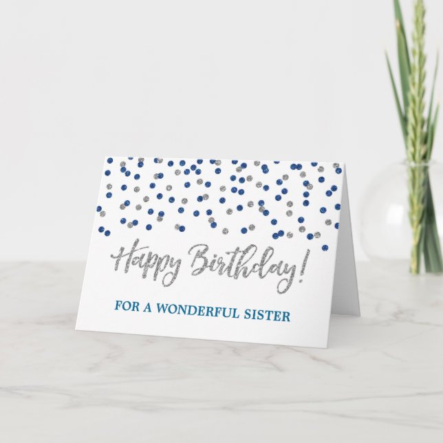 Tarjeta de cumpleaños de hermana de Confetti Azul  (Anverso)