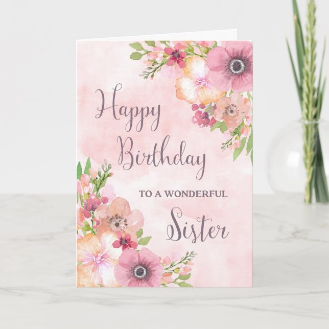 Tarjeta de cumpleaños de hermanas con flores de pr (Anverso)