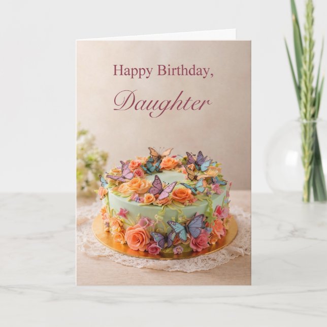 Tarjeta de cumpleaños de hija con pastel de maripo (Anverso)