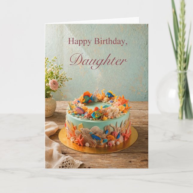 Tarjeta de cumpleaños de hija con pastel de océano (Anverso)