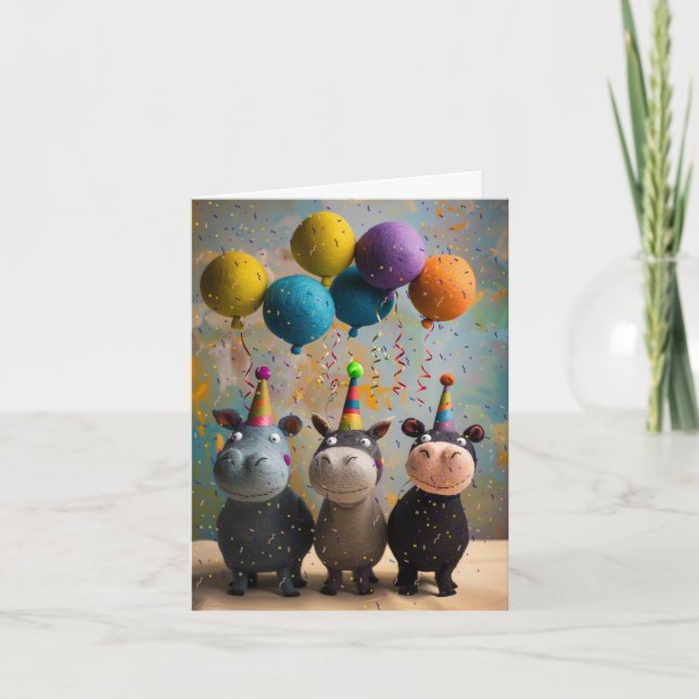 Tarjeta de cumpleaños de Hippos con globos (Anverso)