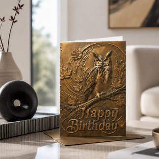 Tarjeta de cumpleaños de hojas abstractas de búho 