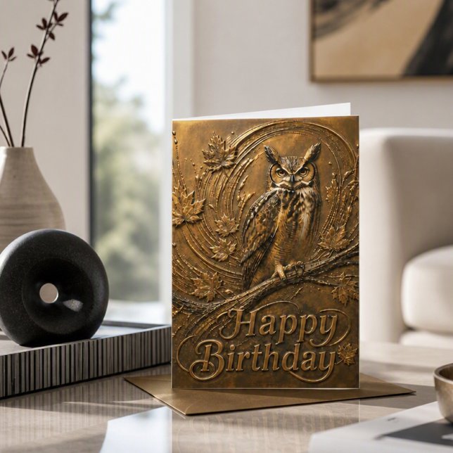 Tarjeta de cumpleaños de hojas abstractas de búho  (Subido por el creador)