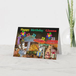 Tarjeta de cumpleaños de hongo y gatos