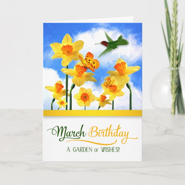 Tarjeta de cumpleaños de Hummingbird y Daffodils M (Anverso)
