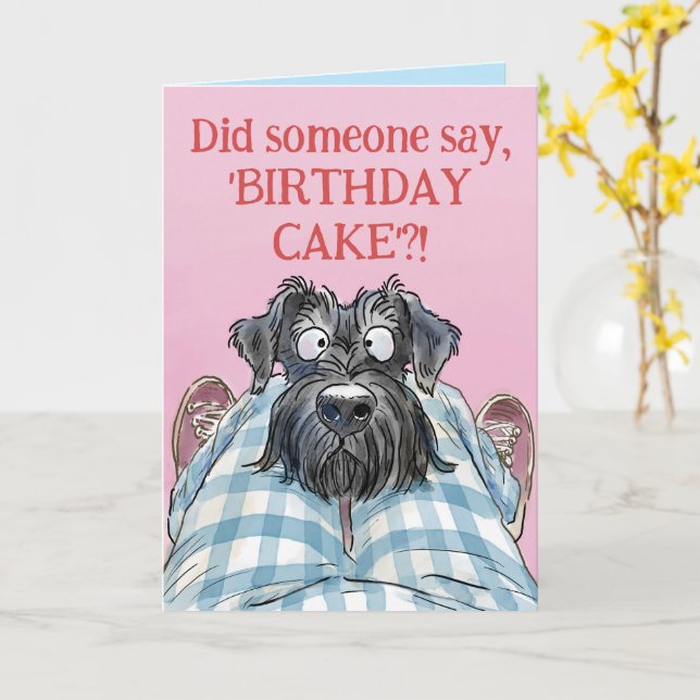 Tarjeta de cumpleaños de Hungry Funny Schnauzer (flor amarilla)