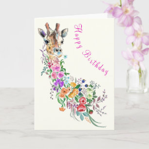 Tarjeta de cumpleaños de jirafa de arte floral