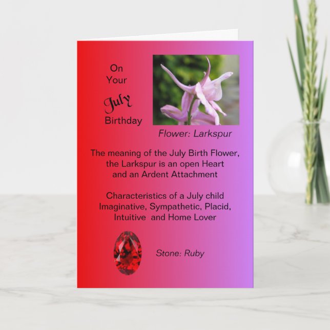 Tarjeta de cumpleaños de julio - Larkspur y Ruby (Anverso)