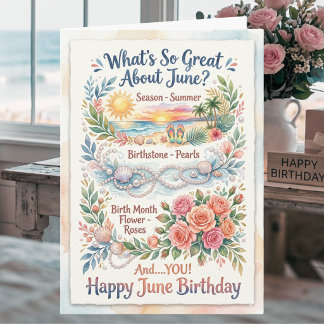 Tarjeta de cumpleaños de junio Rosas Perlas Coster