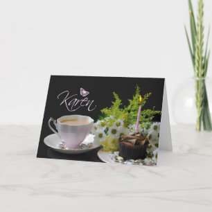 Tarjeta de cumpleaños de Karen con té y flores de