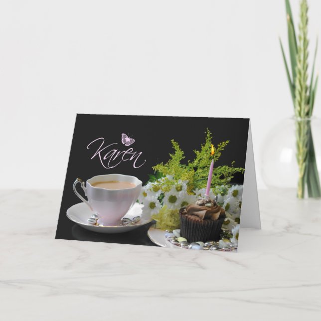 Tarjeta de cumpleaños de Karen con té y flores de (Anverso)