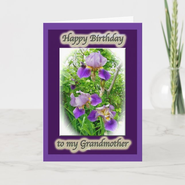 Tarjeta de cumpleaños de la abuela Purple Iris Tri (Anverso)
