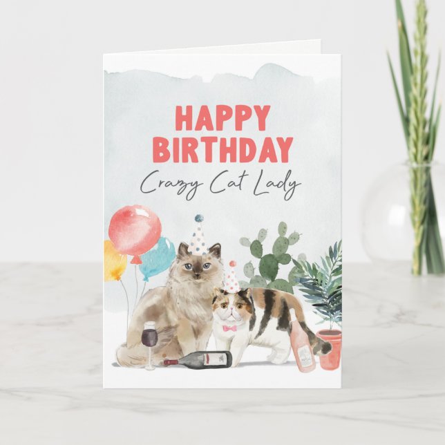Tarjeta de cumpleaños de la dama de un gato loco (Anverso)