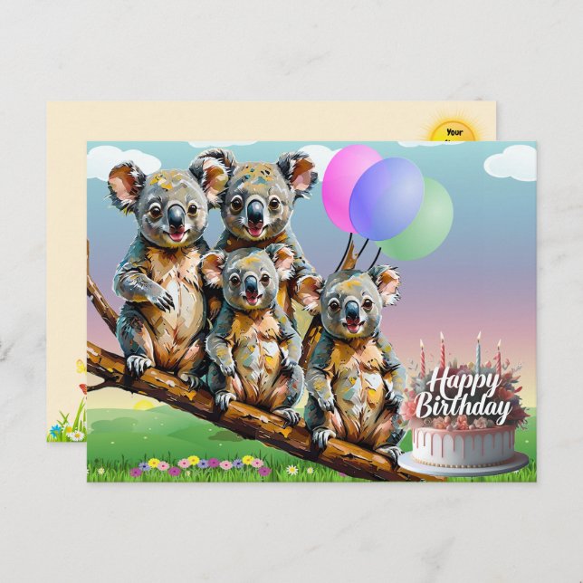 Tarjeta de cumpleaños de la familia de koalas (Anverso / Reverso)