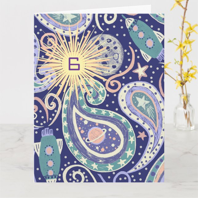 Tarjeta de cumpleaños de la galaxia retro espacial (flor amarilla)