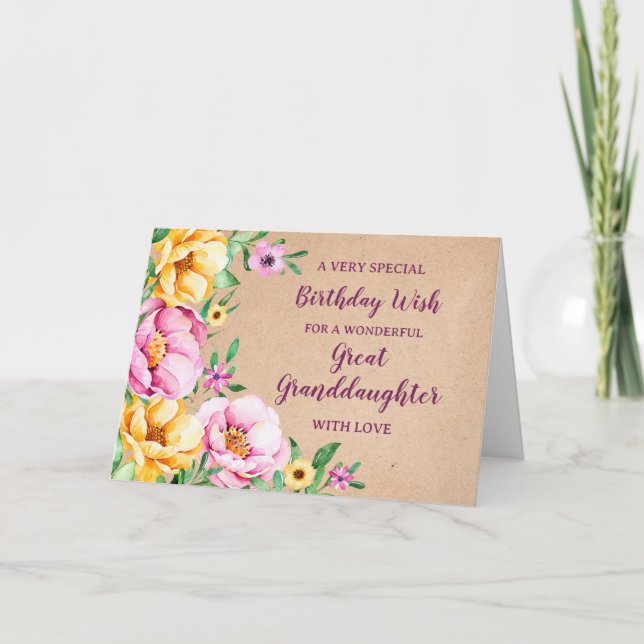 Tarjeta de cumpleaños de la gran nieta de las flor (Anverso)