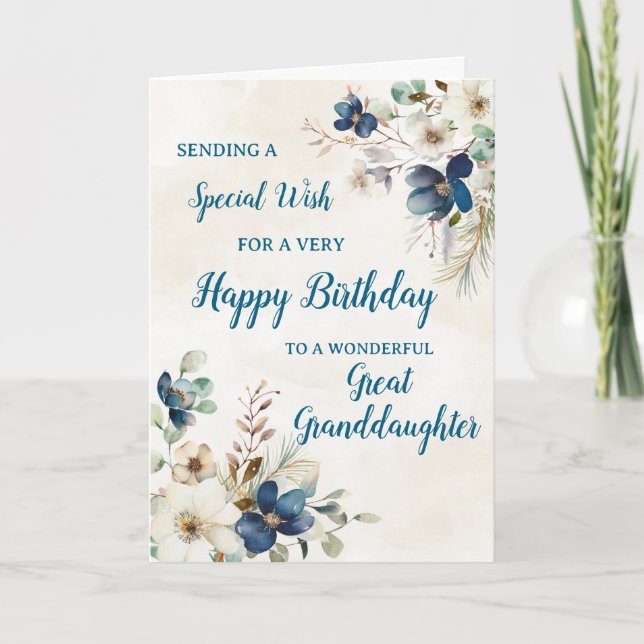 Tarjeta de cumpleaños de la Gran Nieta Floral Azul (Anverso)