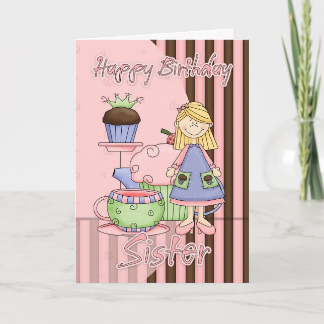 Tarjeta De Cumpleaños De La Hermana Cute - Pastele (Anverso)