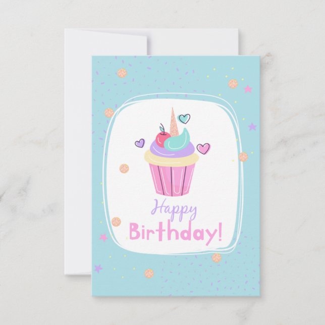 Tarjeta de cumpleaños de la torta de unicornio (Anverso)