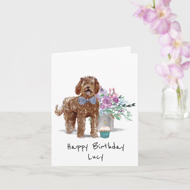 Tarjeta de cumpleaños de Labradoodle personalizada (Orquídea)