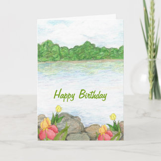 Tarjeta de cumpleaños de lago y flores
