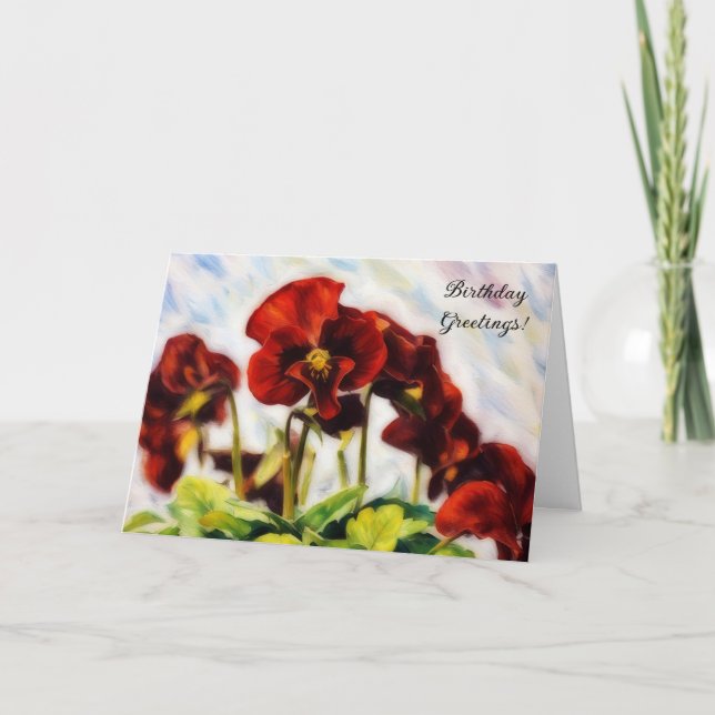 Tarjeta de cumpleaños de las Flores Rojas Pansies  (Anverso)