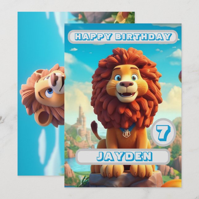 Tarjeta de Cumpleaños de León Niños Personalizados (Anverso / Reverso)