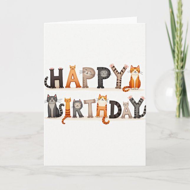 Tarjeta de cumpleaños de letras de gato alegres (Anverso)