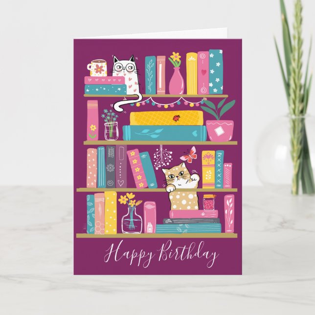 Tarjeta de cumpleaños de libros y gatos lindos – A (Anverso)