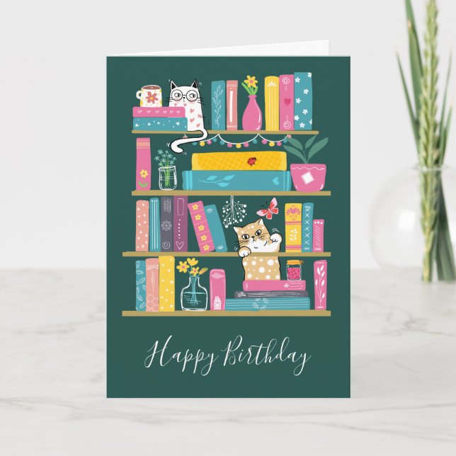 Tarjeta de cumpleaños de libros y gatos lindos – A (Anverso)
