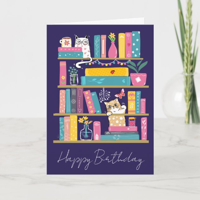 Tarjeta de cumpleaños de libros y gatos lindos – A (Anverso)