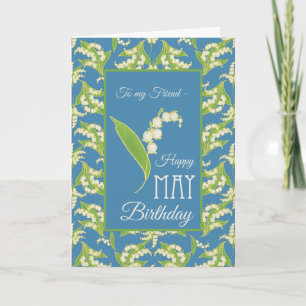 Tarjeta de cumpleaños de Lily-of-the-Valley, azul: