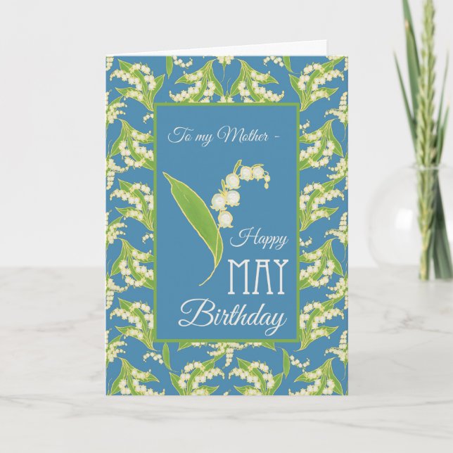 Tarjeta de cumpleaños de Lily-of-the-Valley, azul: (Anverso)