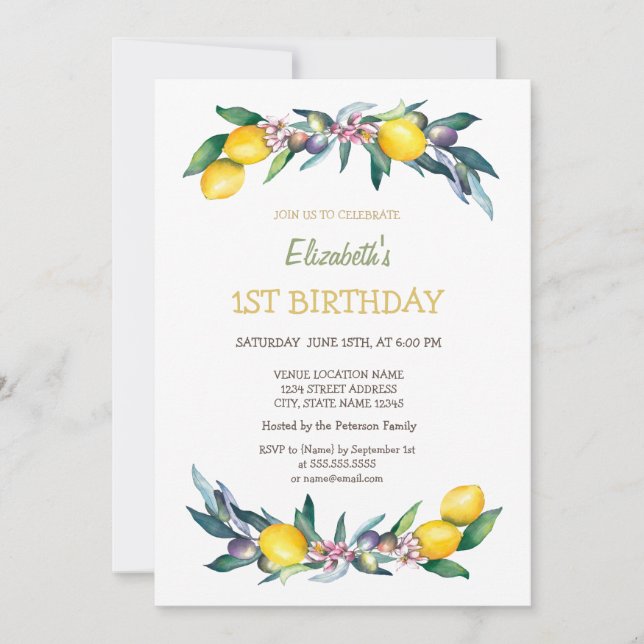 Tarjeta de cumpleaños de limones amarillos y aceit (Anverso)