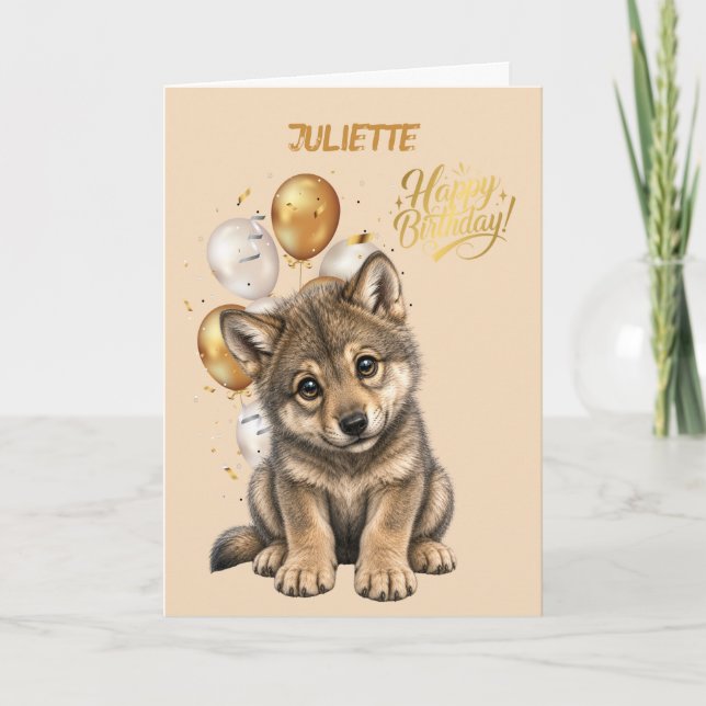 Tarjeta de cumpleaños de lobo adorable (Anverso)