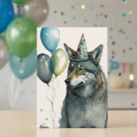 Tarjeta de Cumpleaños de Lobo con Acuarela y Globo