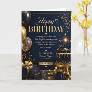 Tarjeta de cumpleaños de lujo en oro y azul marino